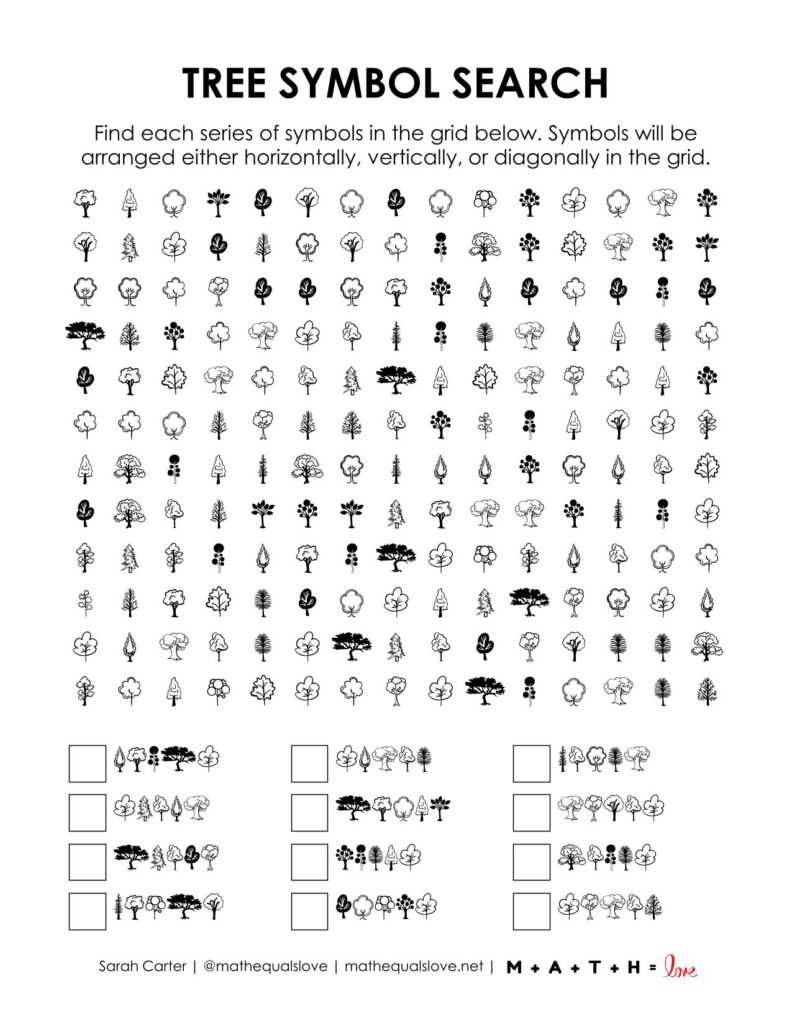 screenshot of tree symbol search puzzle for arbor day.