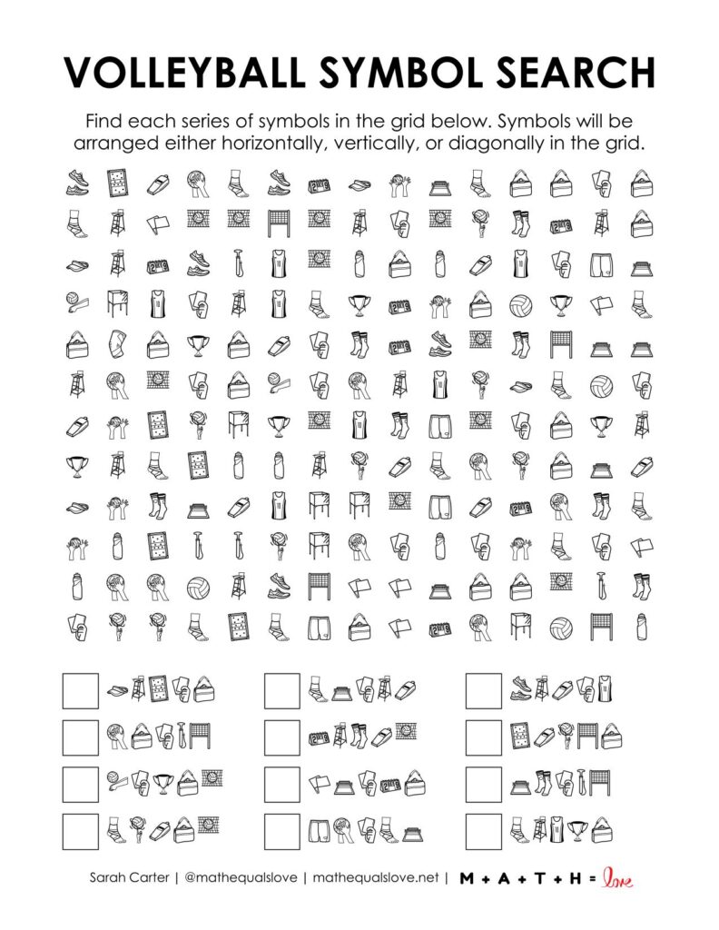 screenshot of volleyball symbol search puzzle.