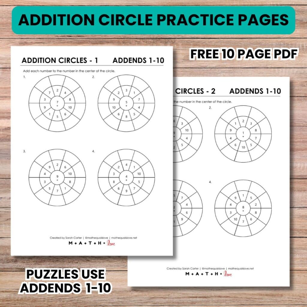 addition circle practice worksheets with addends 1-10.
