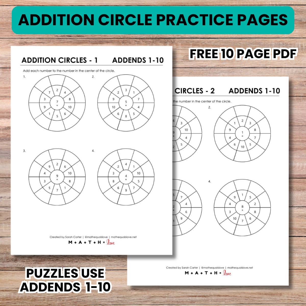 addition circle practice worksheets with addends 1-10.
