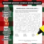 christmas santa's reindeer missing vowels word search puzzles.