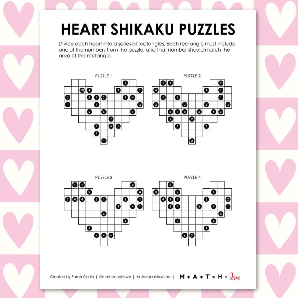 heart shaped shikaku puzzles for valentines day.