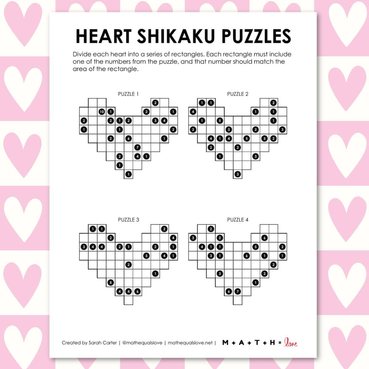 heart shaped shikaku puzzles for valentines day.
