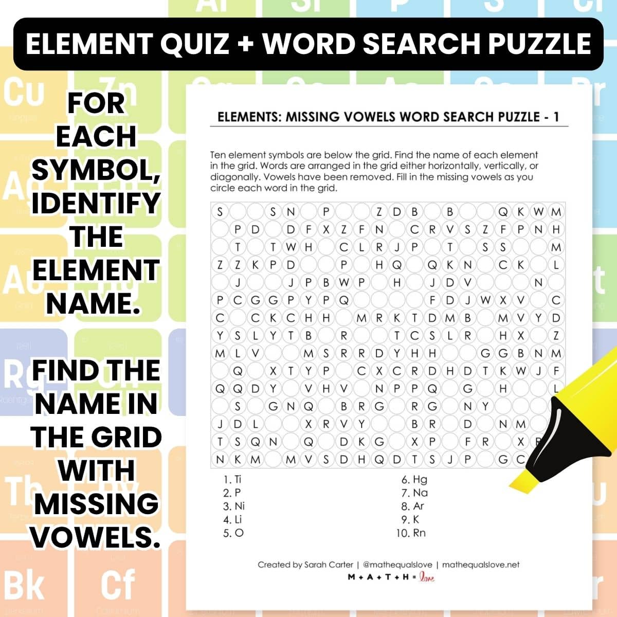 names of chemical elements missing vowels word search puzzle and quiz.