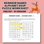 reindeer names alphabet soup puzzle worksheet for christmas.