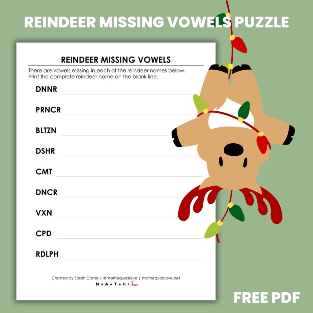 reindeer missing vowels puzzle worksheet for christmas.