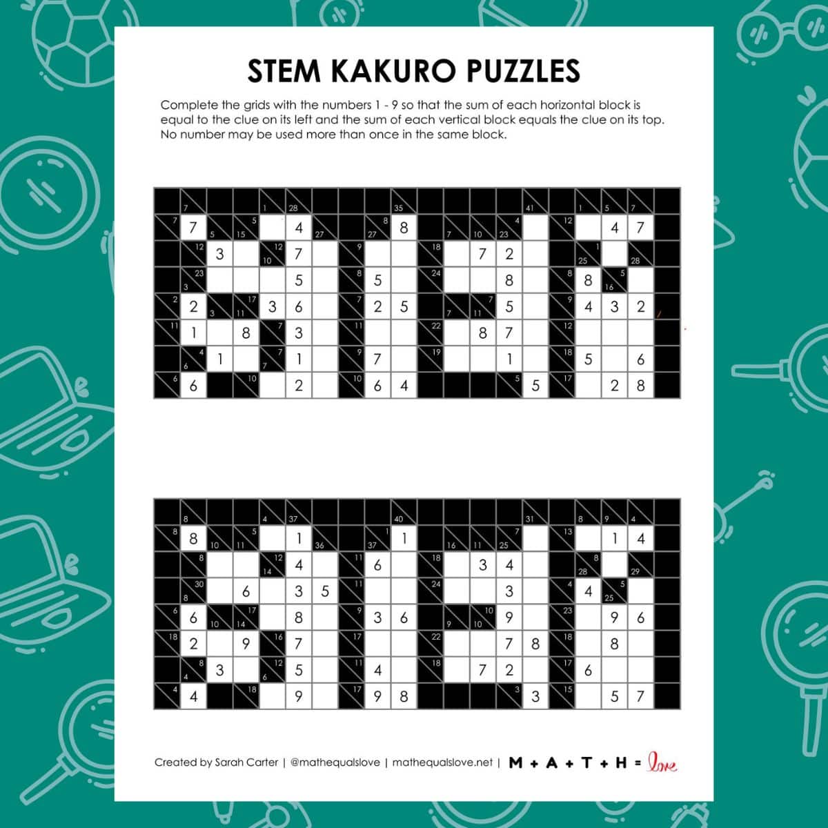 stem kakuro logic puzzle activity.