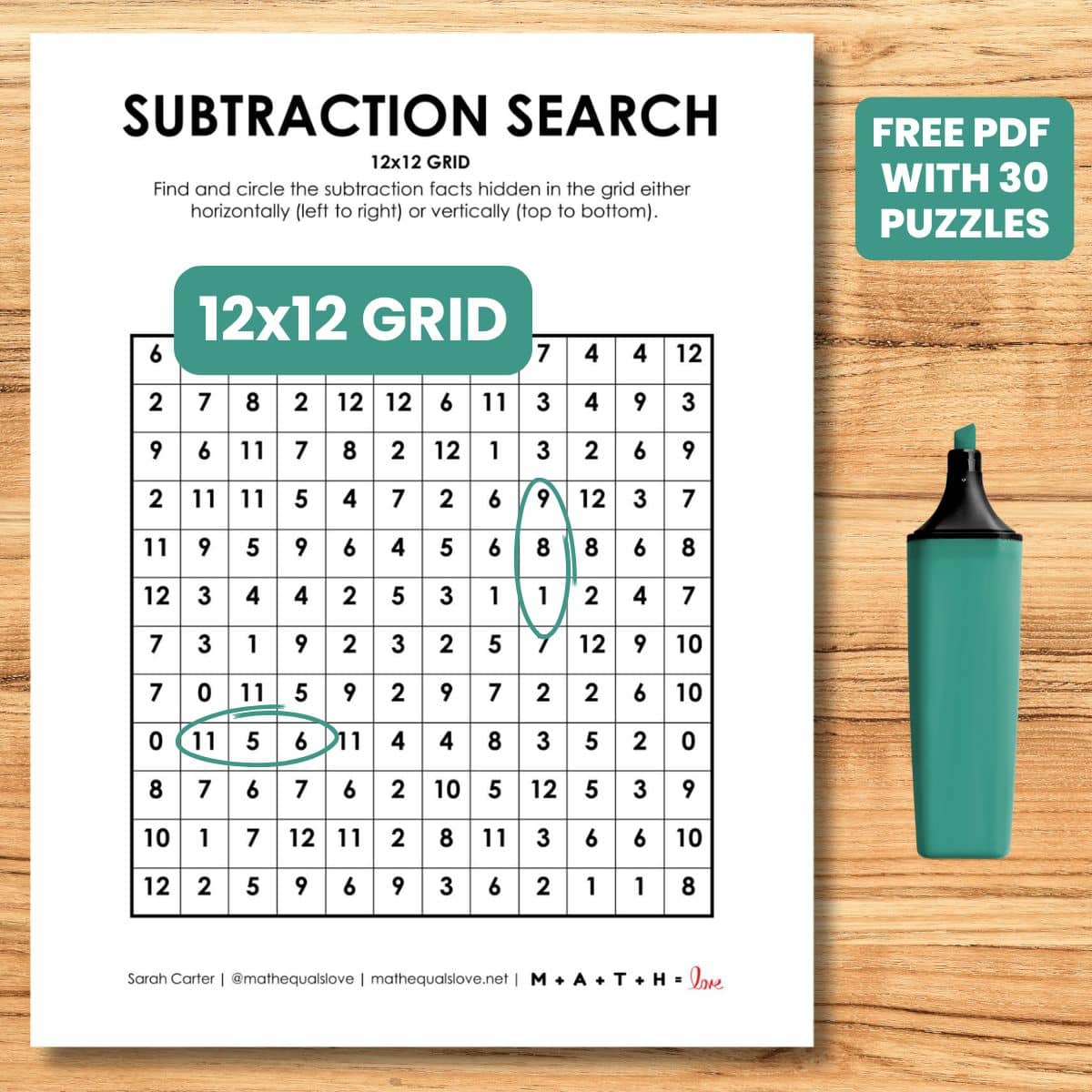 12x12 subtraction search puzzle worksheets.