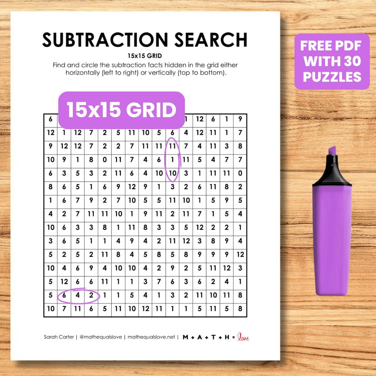 15x15 subtraction search puzzle worksheets.
