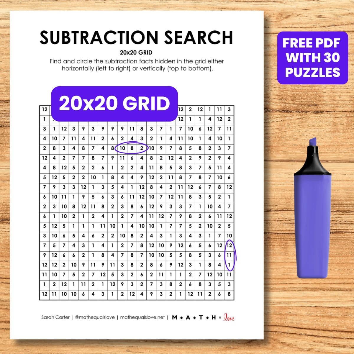 20x20 subtraction search puzzle worksheets.