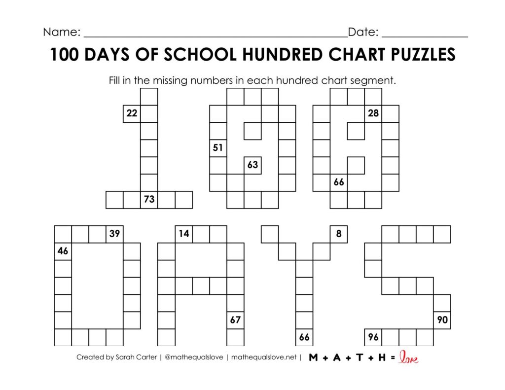 100 days of school hundred chart puzzle worksheet activity.
