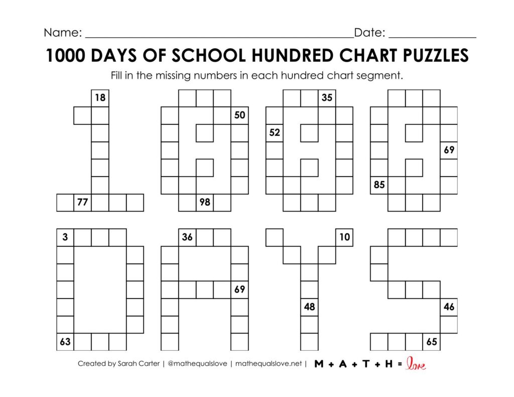 1000 days of school hundred chart puzzle worksheet pdf.