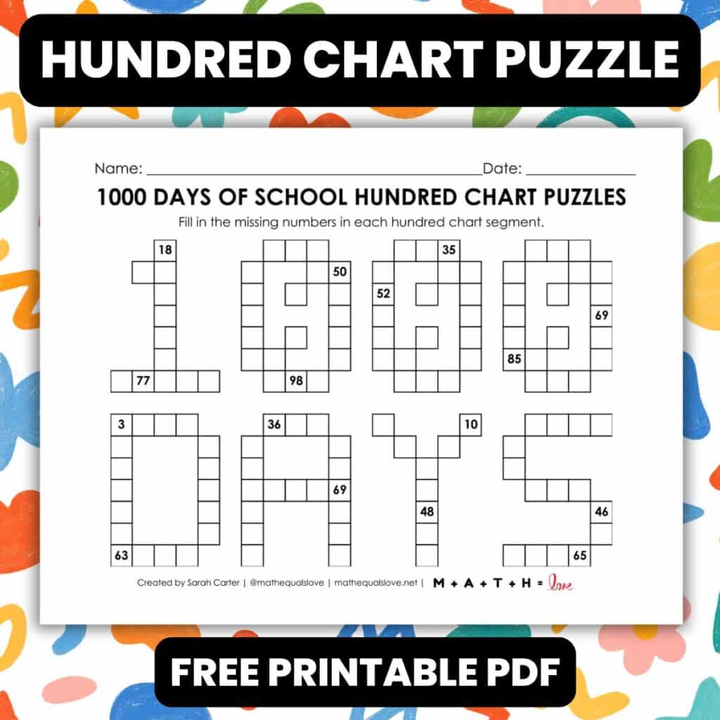 1000 days of school hundred chart puzzle worksheet.