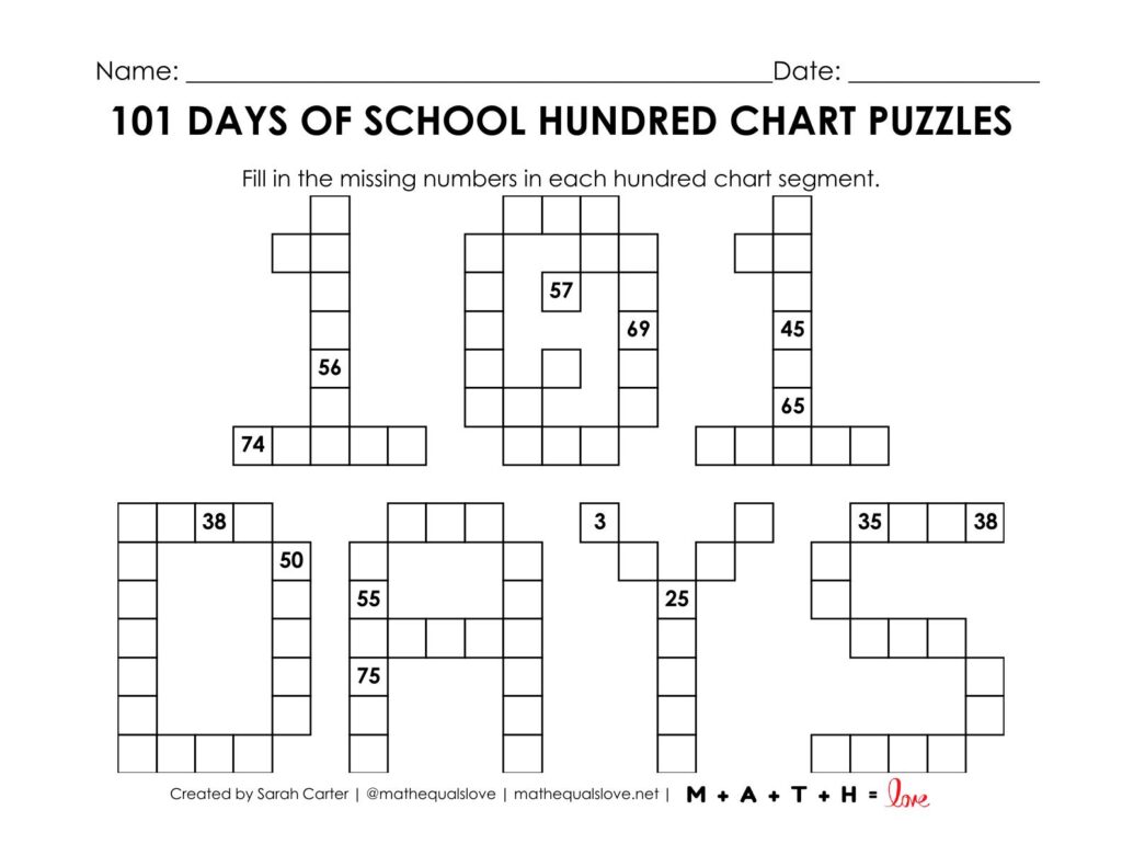 screenshot of 101 days of school hundred chart puzzle worksheet.