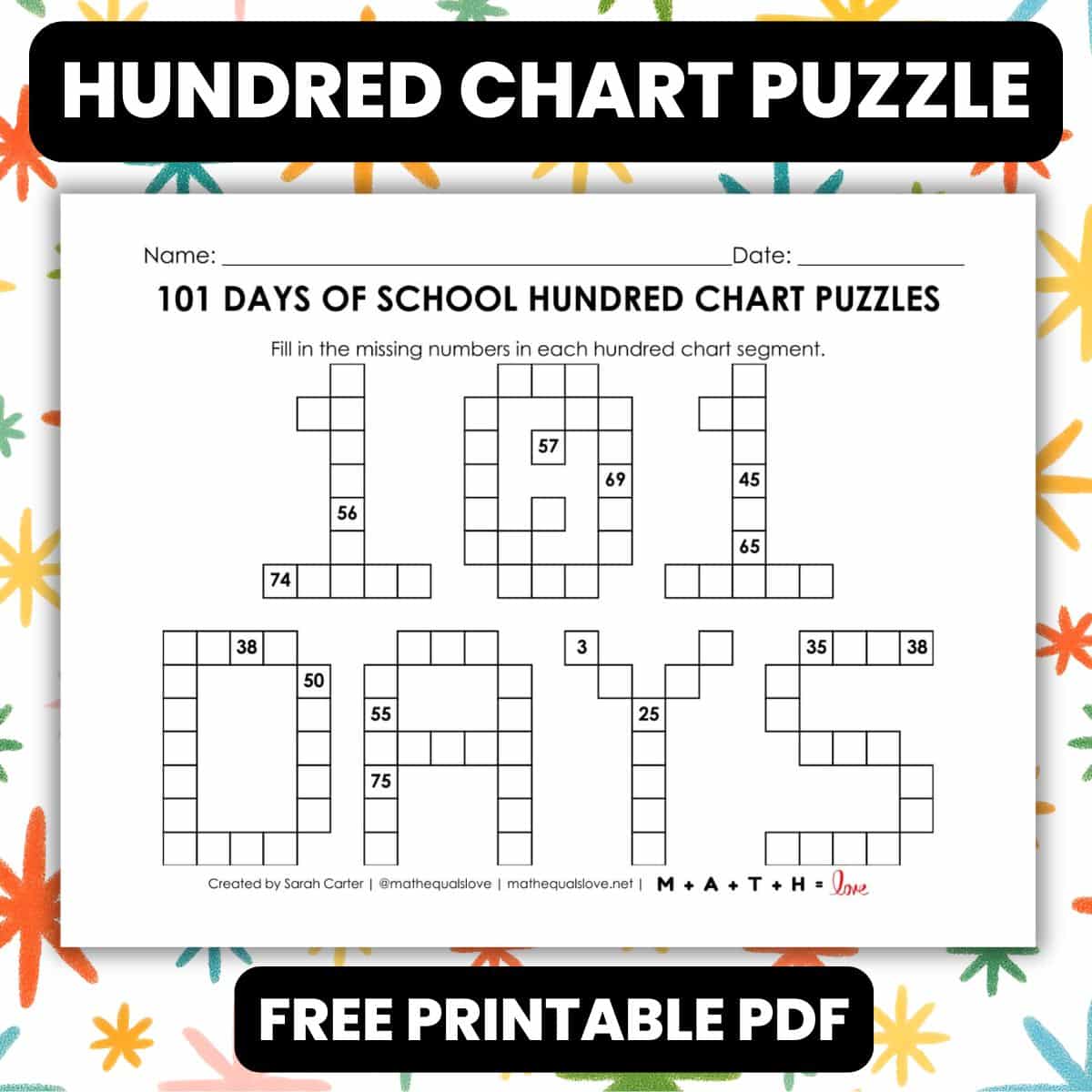 101 days of school hundred chart puzzle worksheet activity.