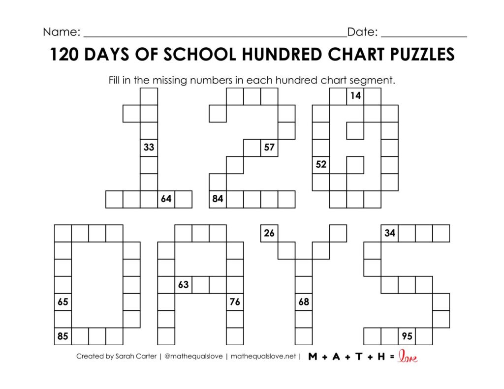 screenshot of 120 days of school hundred chart puzzle worksheet.