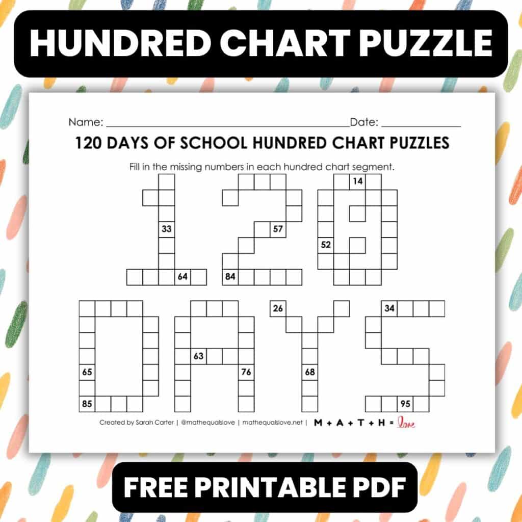 120 days of school hundred chart puzzle printable.