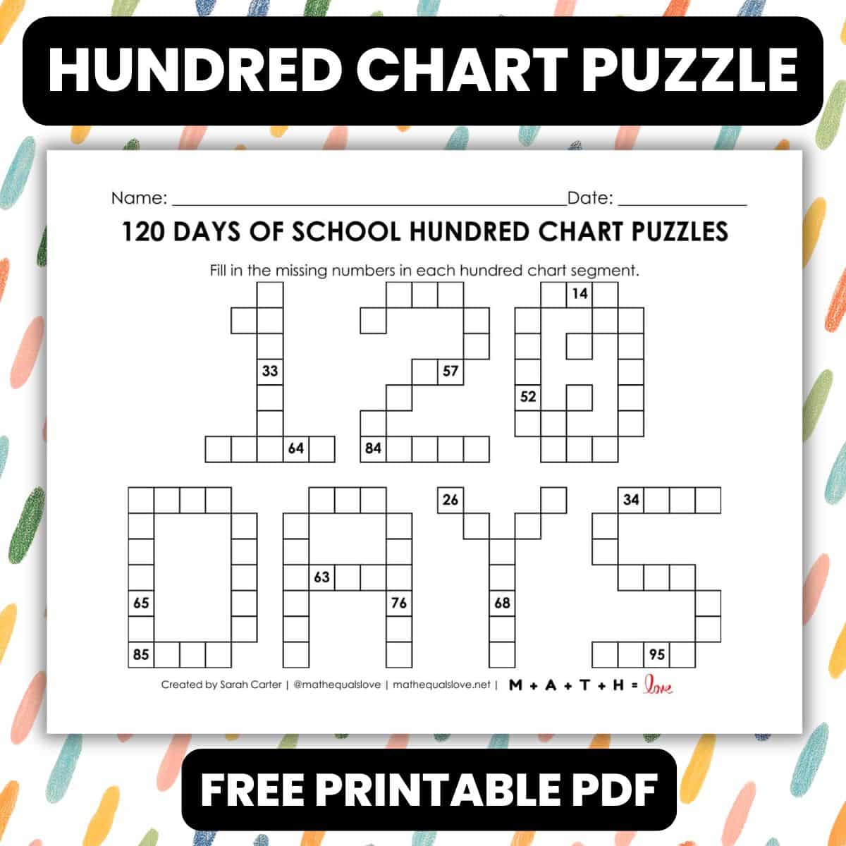 120 days of school hundred chart puzzle printable.