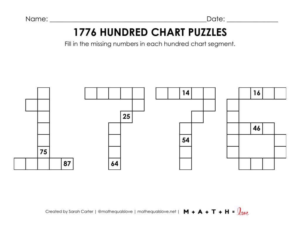 1776 hundred chart puzzle worksheet.