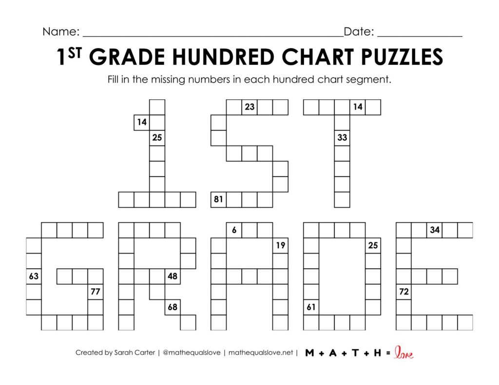 first grade hundred chart puzzle worksheet.