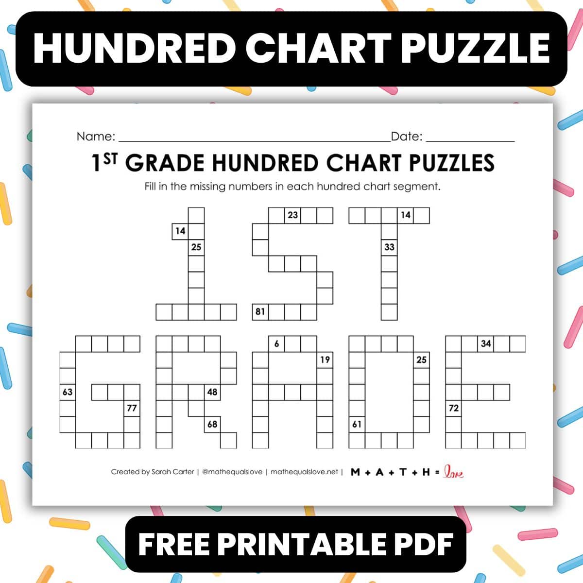1st grade hundred chart puzzle worksheet.