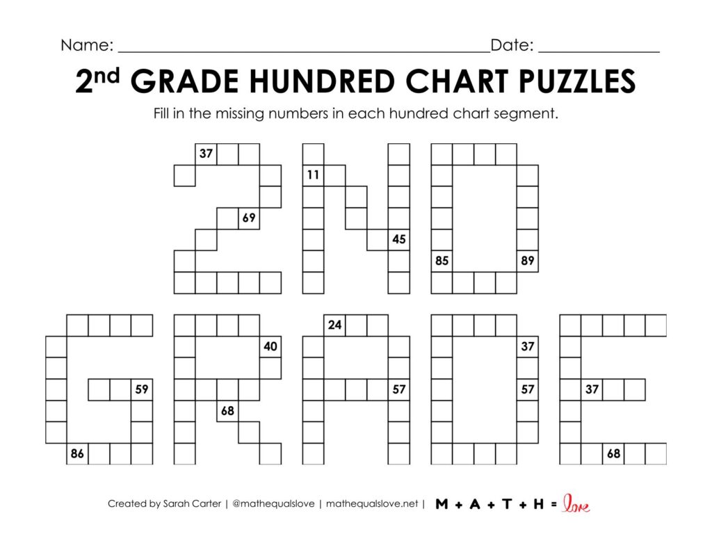 2nd grade hundred chart puzzle worksheet.