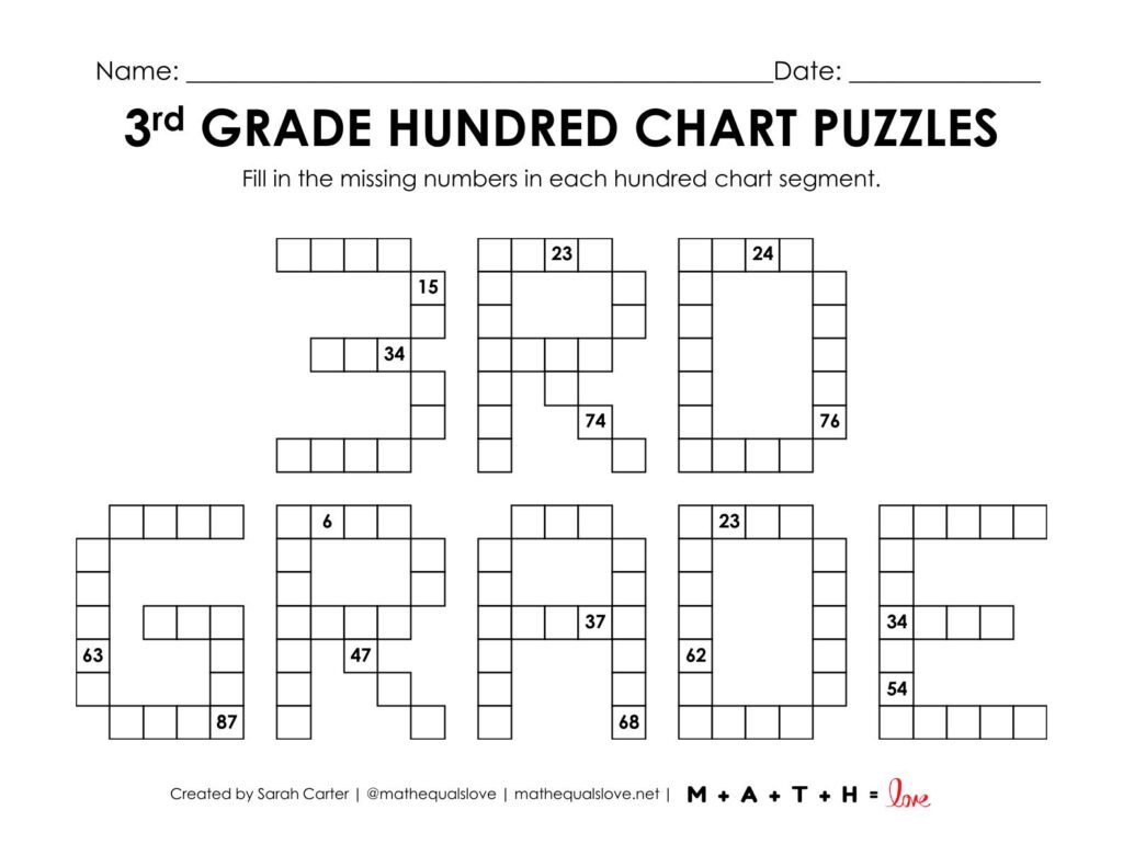 screenshot of 3rd grade hundred chart puzzle worksheet.