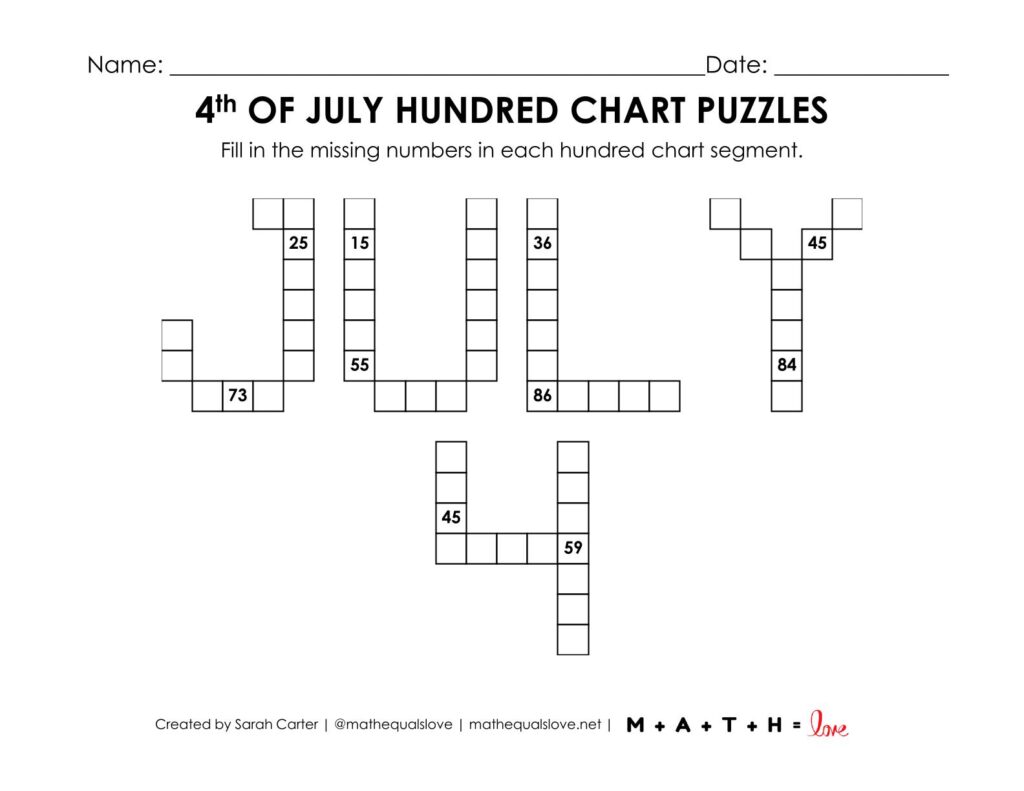 fourth of july hundred chart puzzle worksheet.