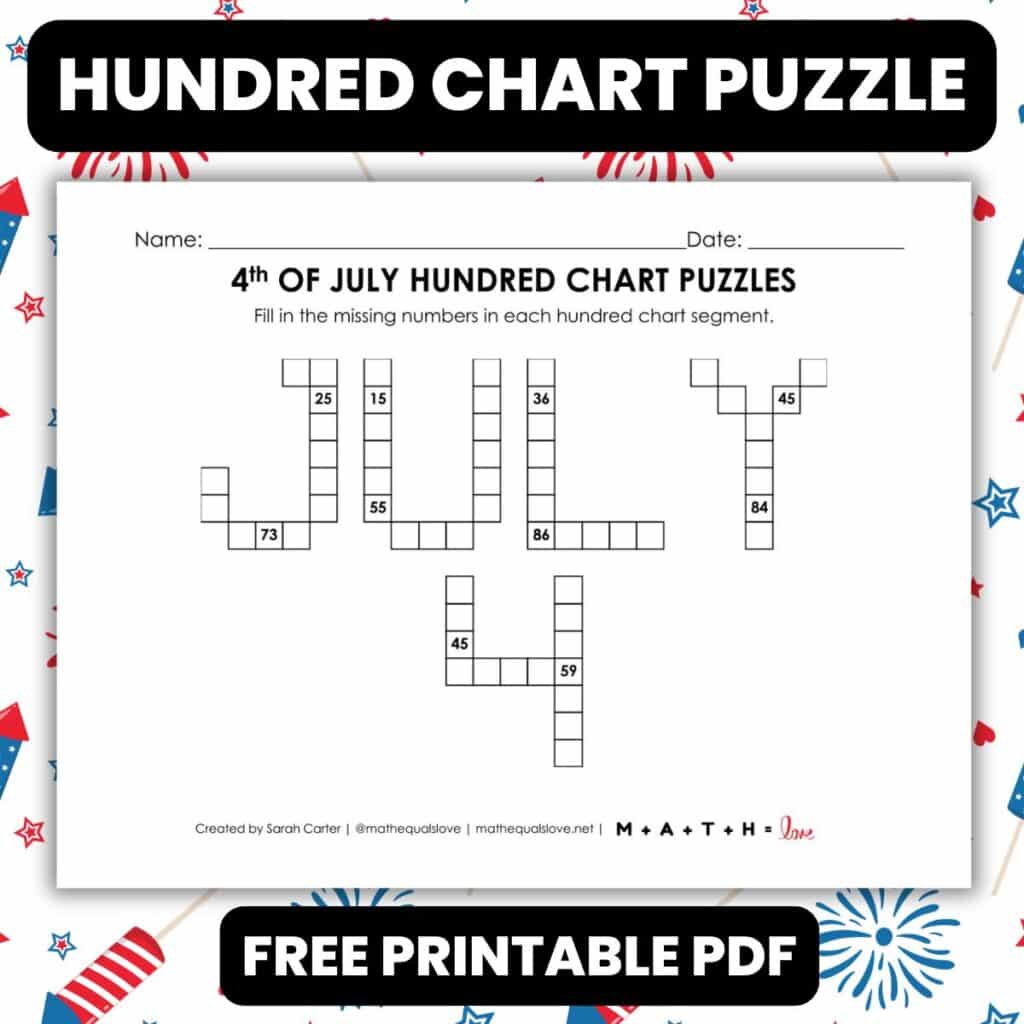 4th of july hundred chart puzzle worksheet for independence day.