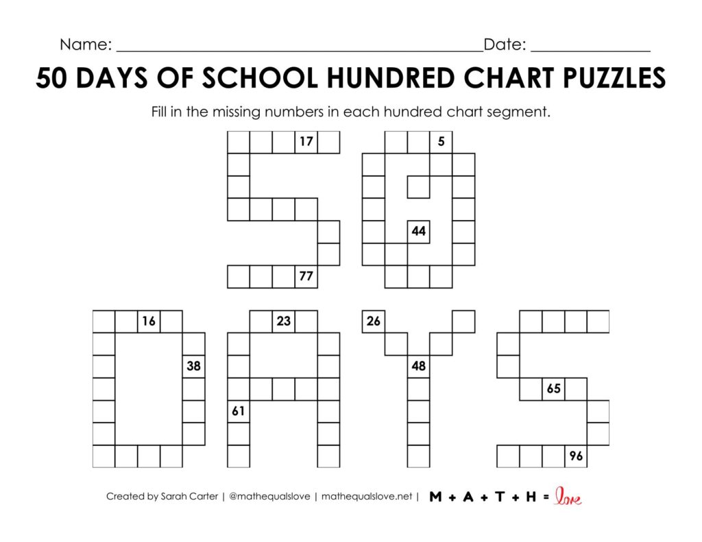 50 days of school hundred chart puzzle worksheet.