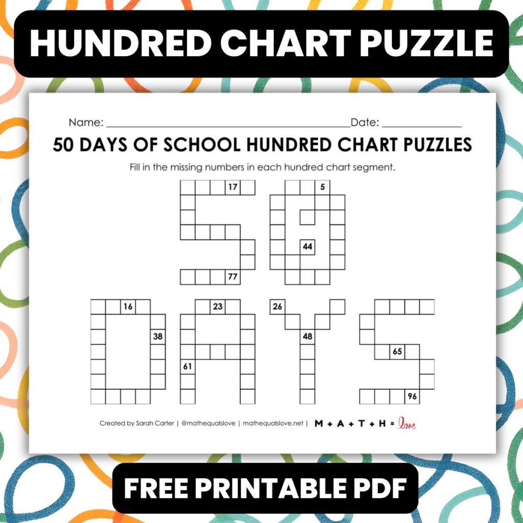50th day of school hundred chart puzzle activity.