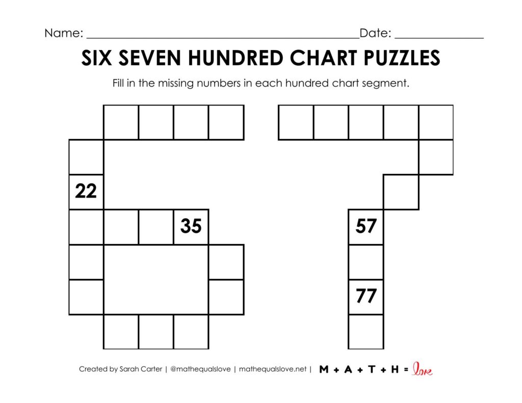 6-7 hundred chart puzzle worksheet.