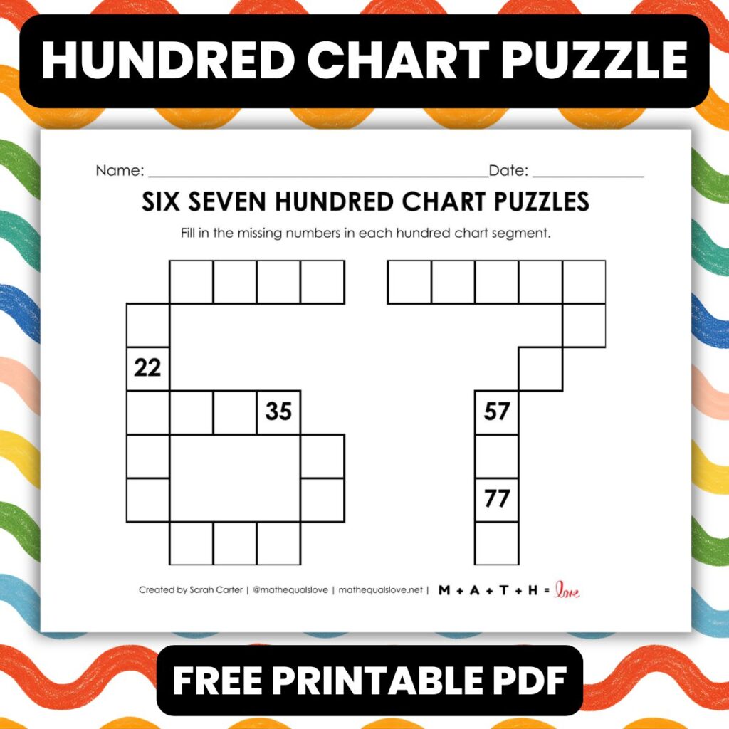 six seven 6-7 hundred chart puzzle worksheet.