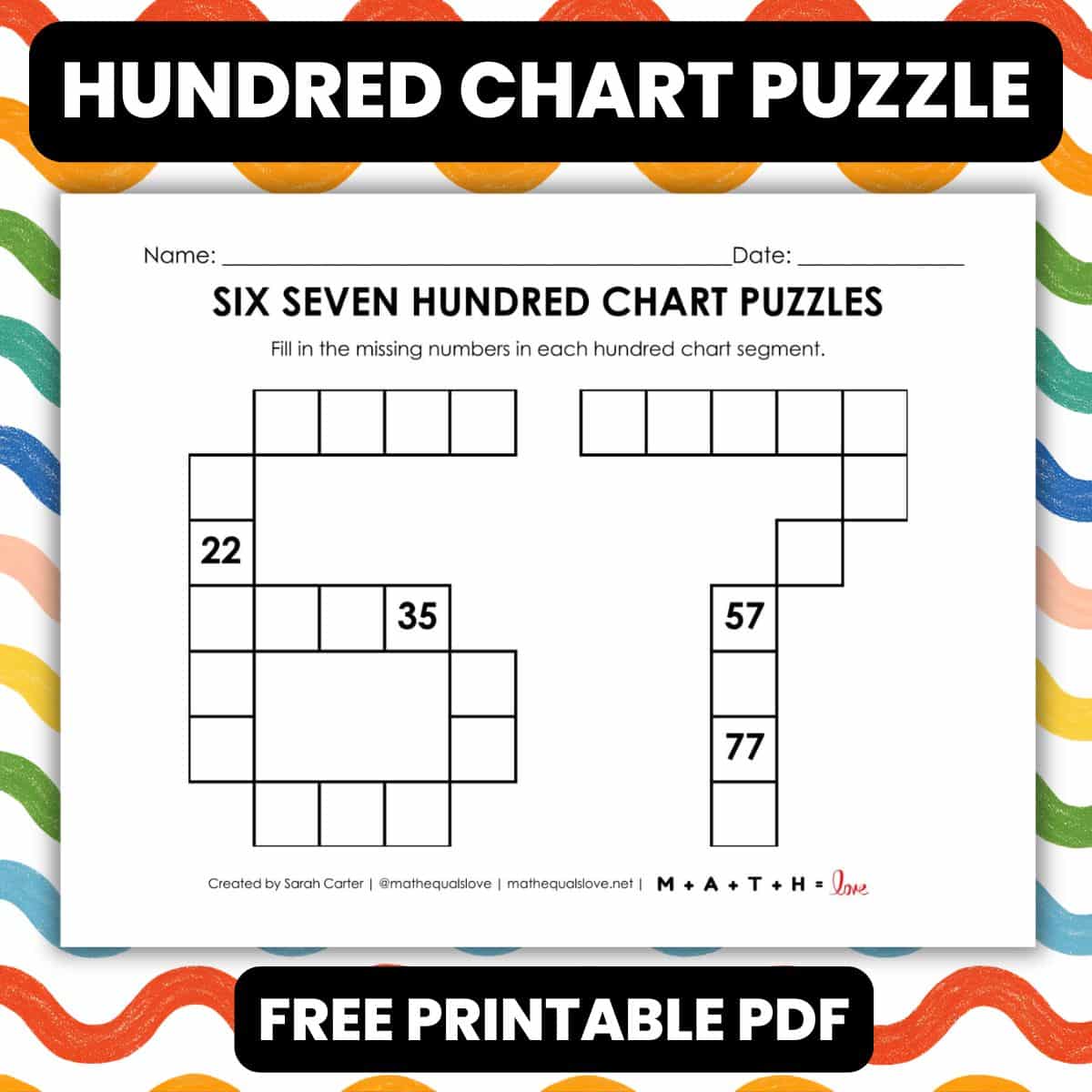 six seven 6-7 hundred chart puzzle worksheet.