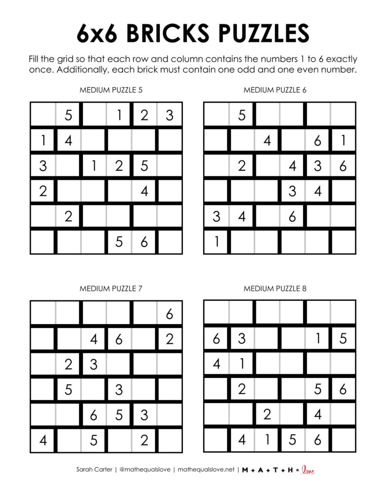 6x6 bricks logic puzzle worksheets.