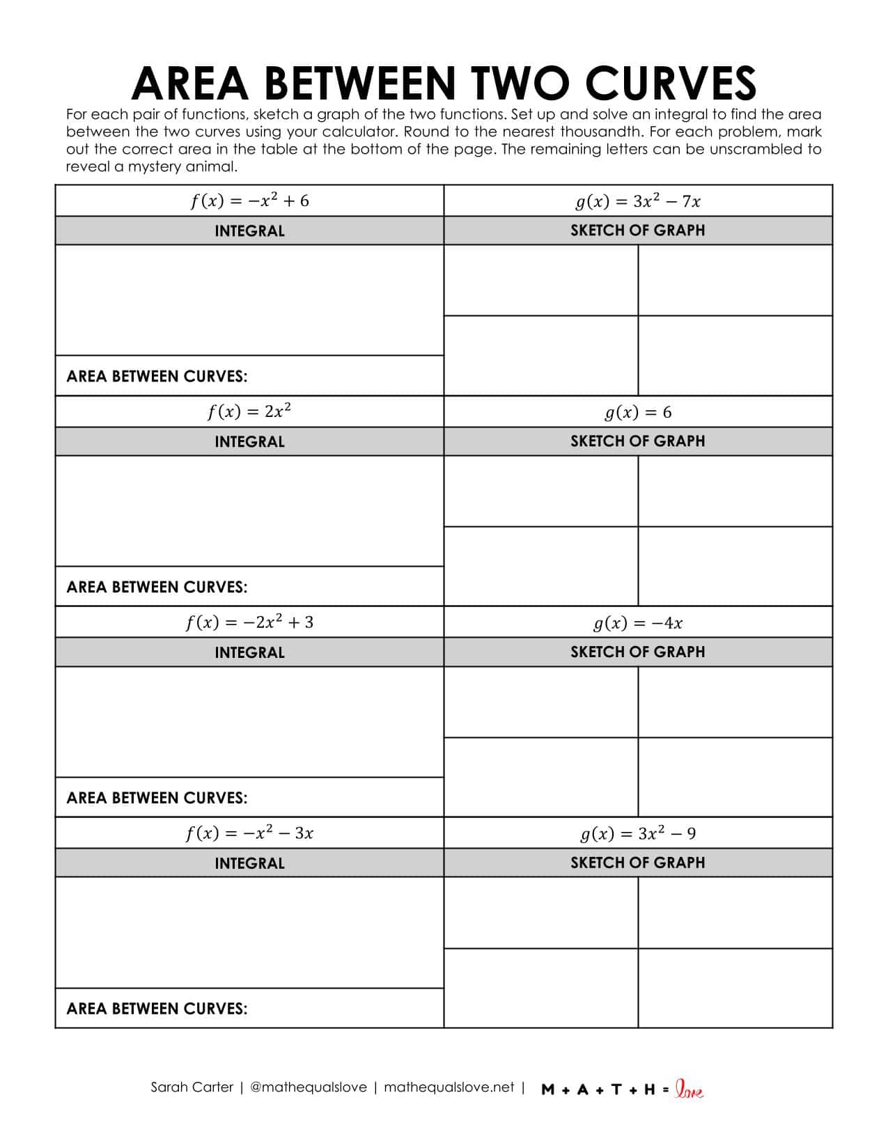 Area Between Two Curves Mystery Animal Worksheet | Math = Love