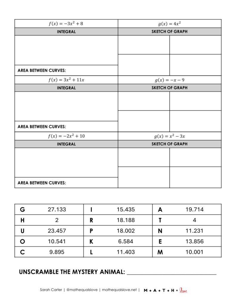 area between two curves calculus worksheet page 2