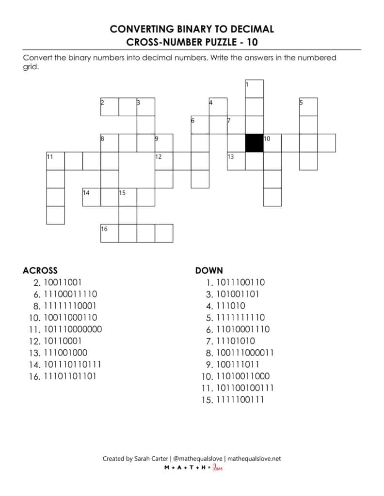 converting binary to decimal cross-number puzzles.