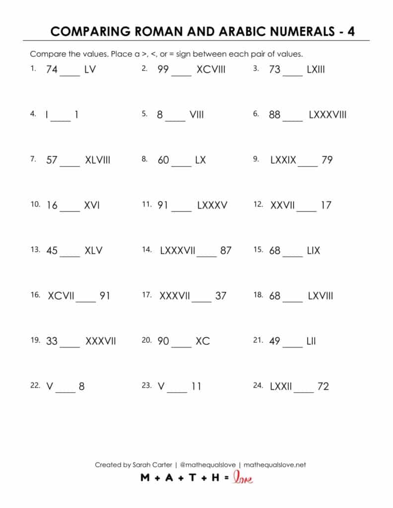 comparing roman arabic numerals worksheet with inequality symbols.