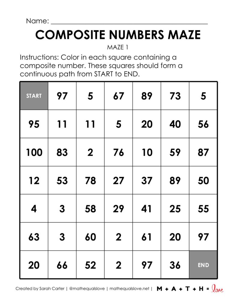 composite number math maze worksheet.