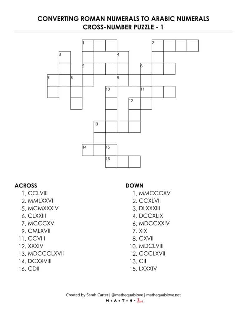 Worksheet for Converting Roman Numerals to Arabic Numerals.