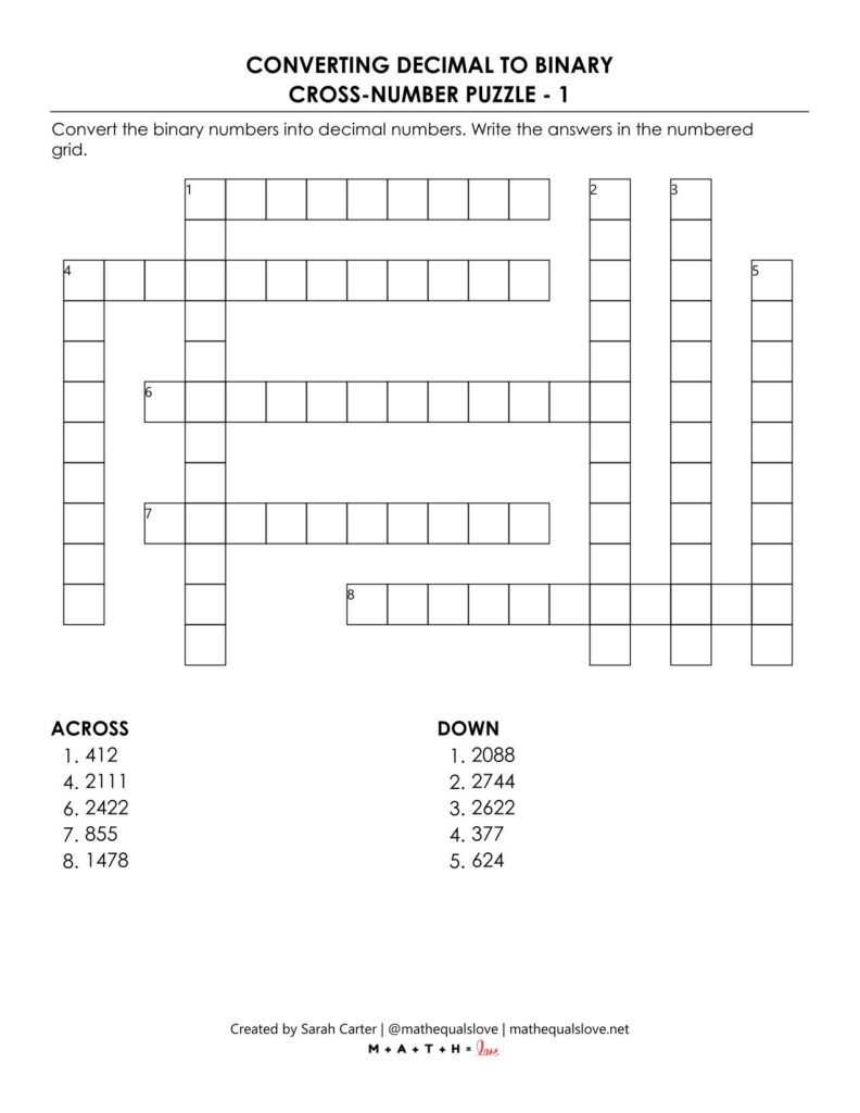 example of decimal to binary crossnumber puzzle worksheet.