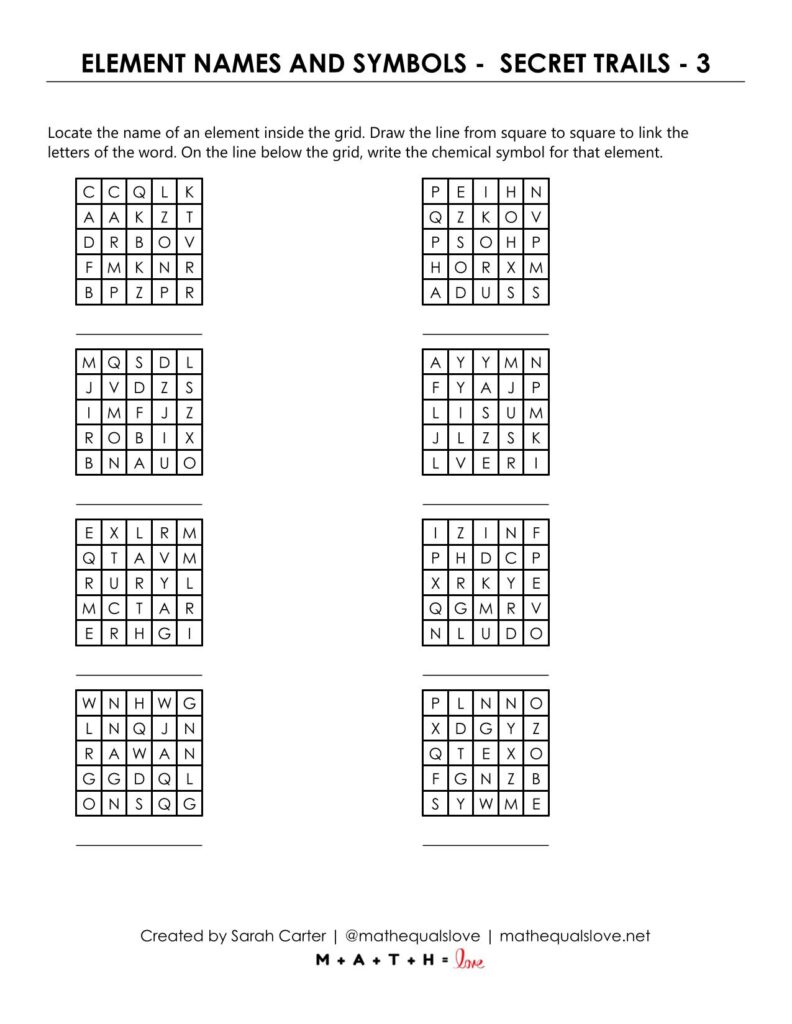 element names and symbols secret trails worksheet.