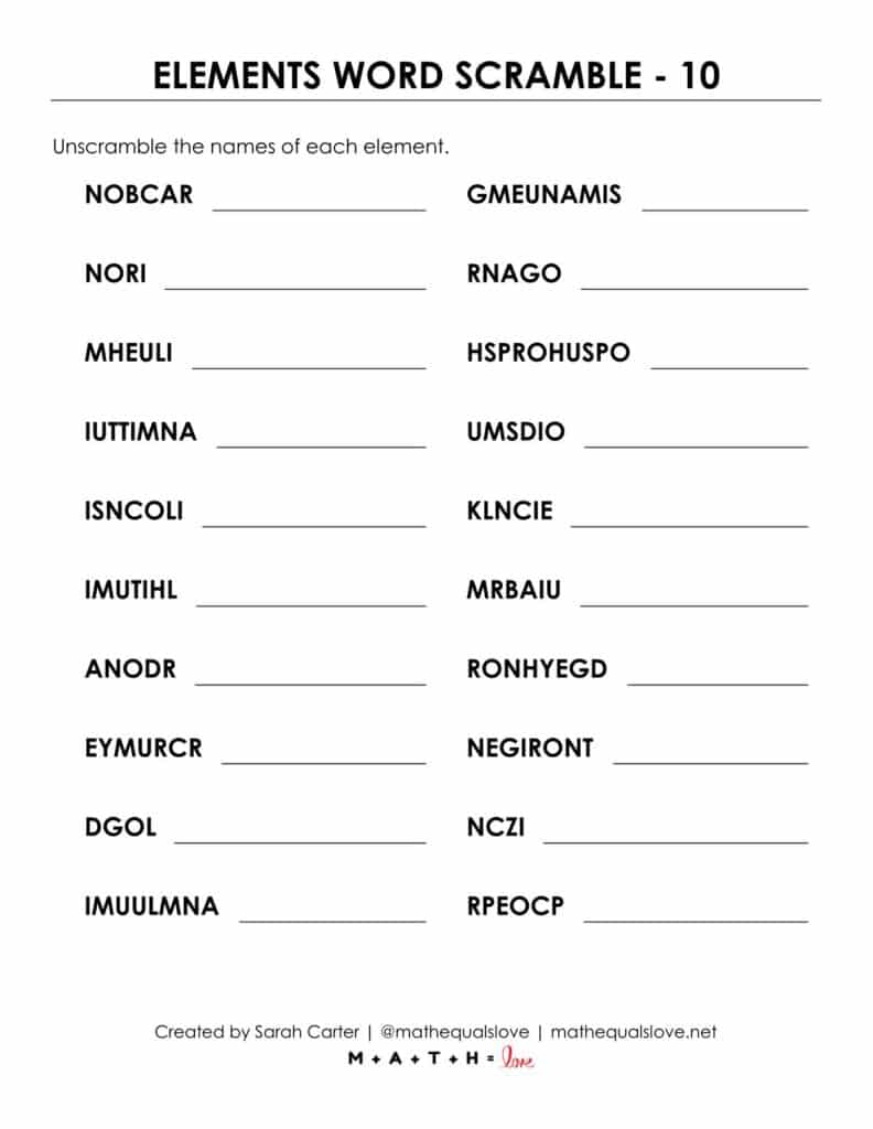 element word scramble puzzle for periodic table.