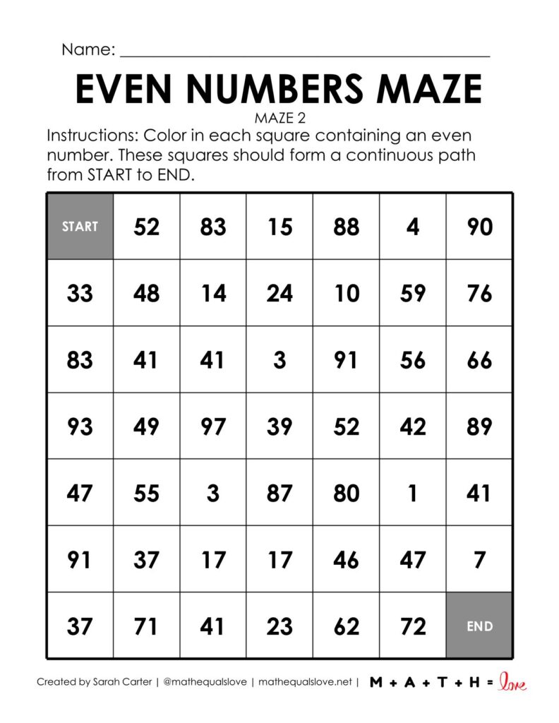 even number math maze worksheet pdf.