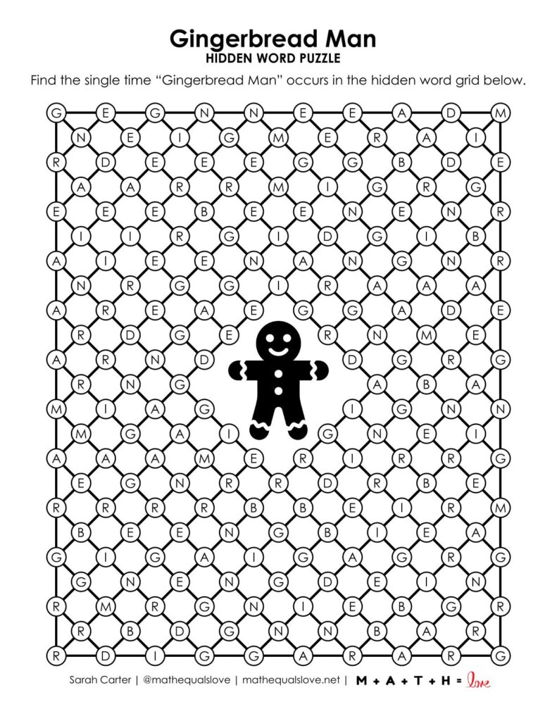 gingerbread man hidden word puzzle.