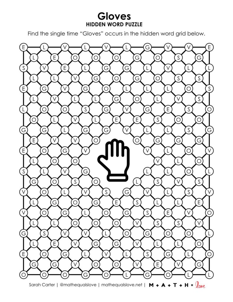 screenshot of gloves hidden word puzzle for winter.