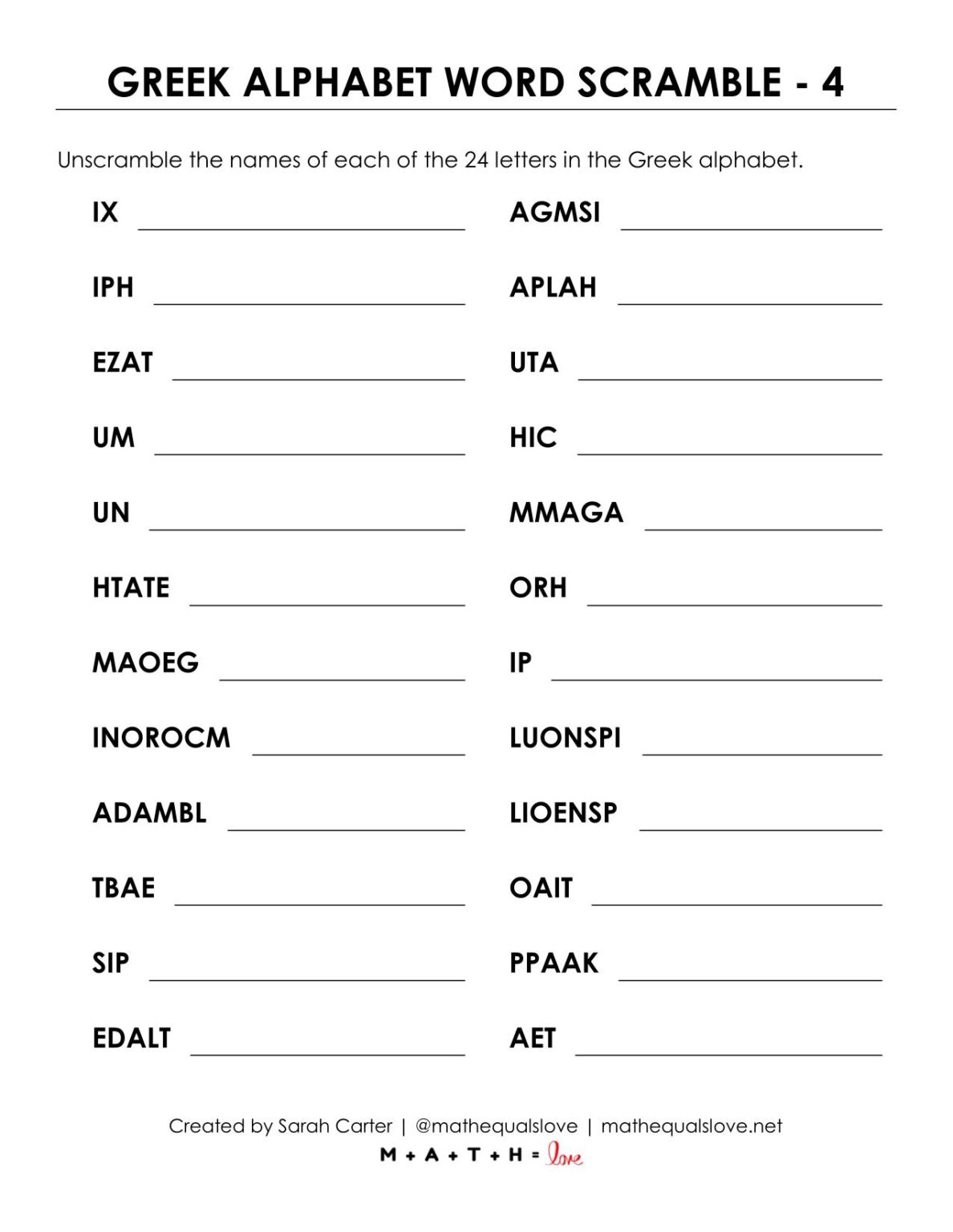 Greek Alphabet Word Scramble Puzzle Worksheets | Math = Love