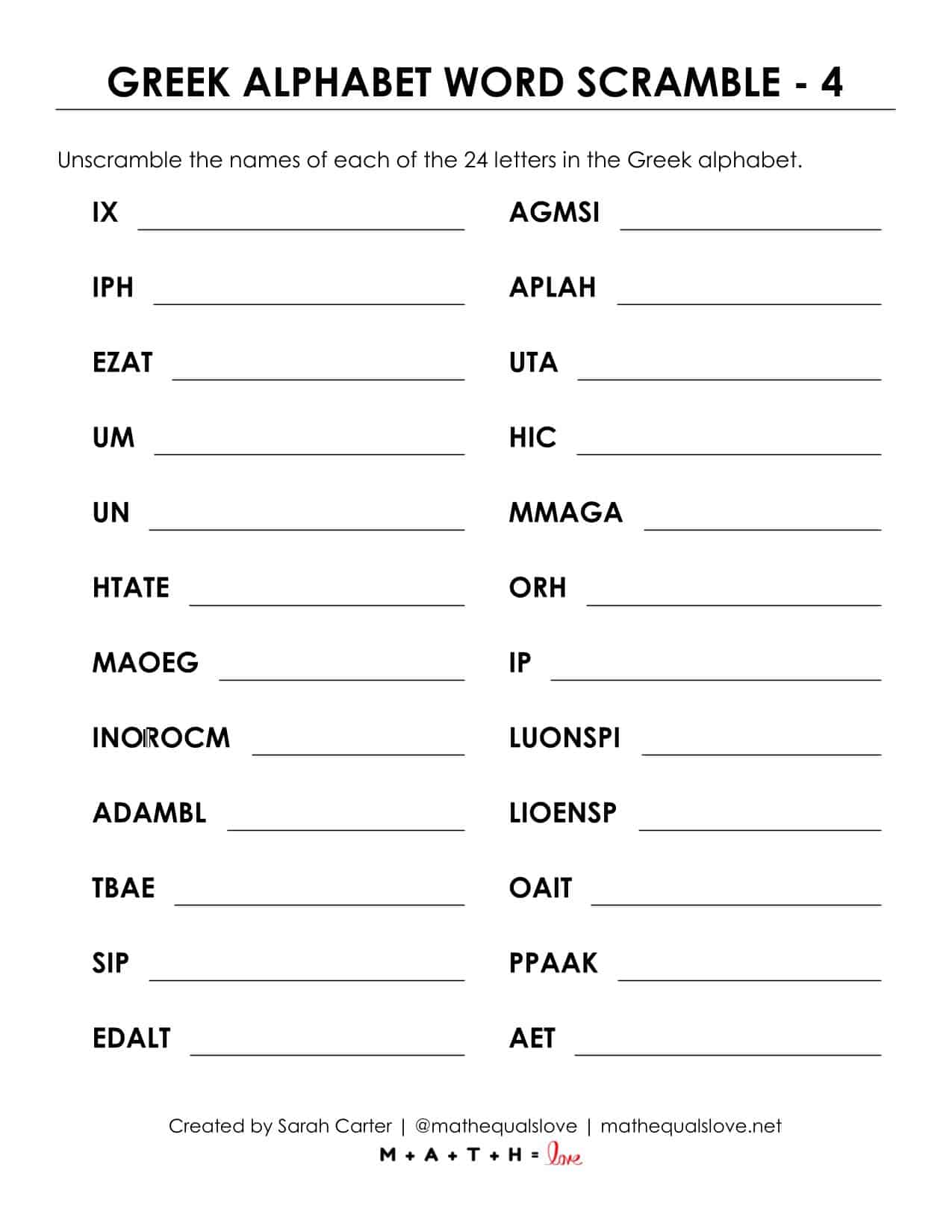 Greek Alphabet Word Scramble Puzzle Worksheets | Math = Love