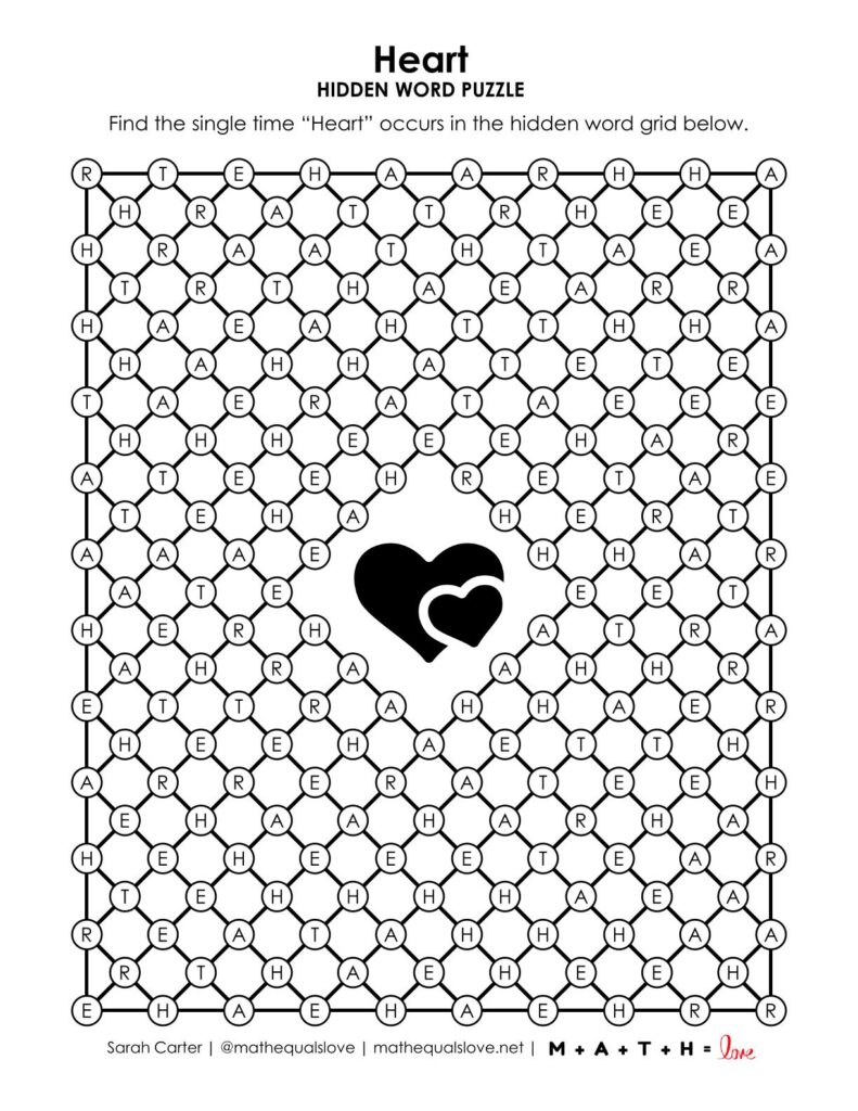 screenshot of heart hidden word puzzle for valentine's day.